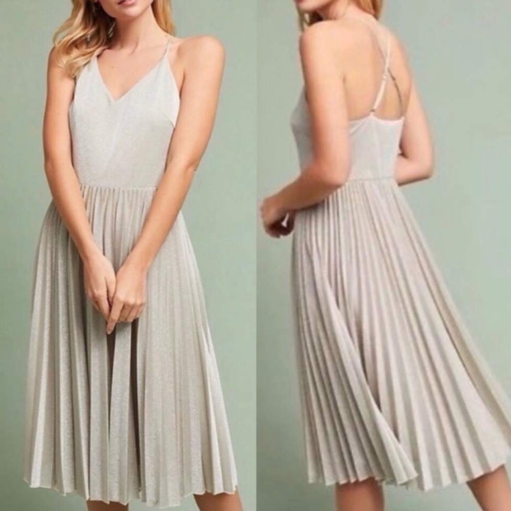Anthropologie Elevenses Lunar Pleated Midi Dress. Silver Sparkle Metallic Sz 12